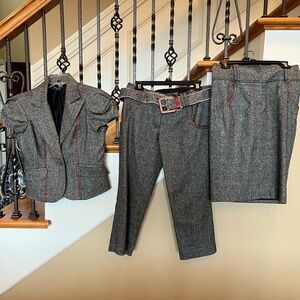 Bebe Gray short sleeve Blazer sz 10 skirt sz 6 Pants sz 8 Set